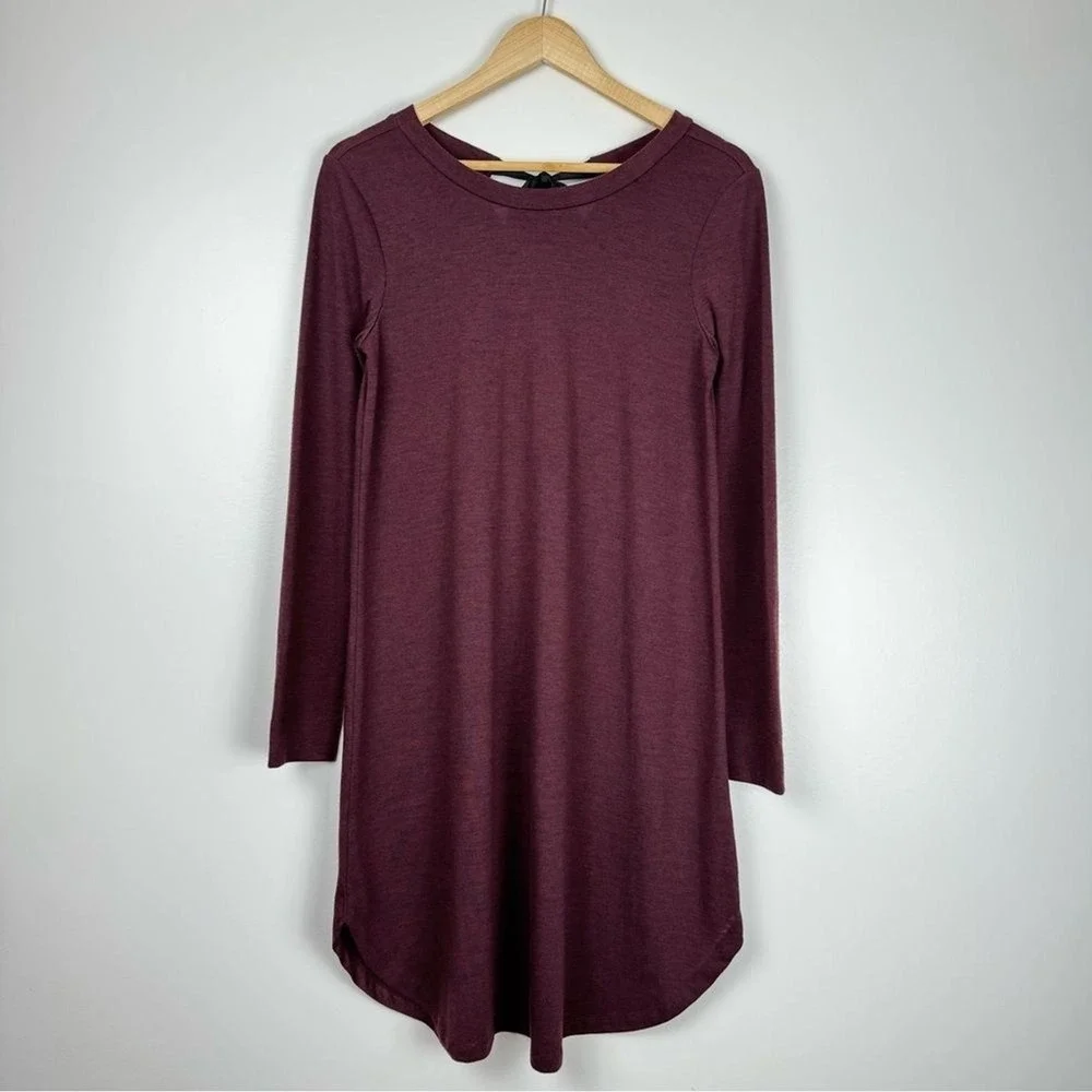 LOFT Tunic Shirtdress Womens S Maroon‎ Burgundy Jersey Knit Tie Neck Office